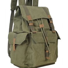 Dimension: 15 * 10.5 * 8" Laced-Up Closure Under Flap Over Panel Three Outside Flap Over Button Closure Pockets Internal Zipper Pocket Vintage Brass Fitting Hardware;16oz Durable Thick Canvas Green Canvas Backpack, Prada Nylon Bag, Sport Canvas, Green Backpacks, Coin Bag, Bag Trends, Classic Backpack, Big Bags, Canvas Backpack