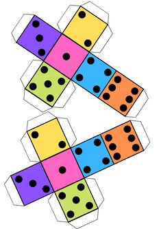 four different colored dices with black dots on them, arranged in the same pattern