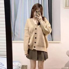 Size: L, Color: Short skirt Short Sleeve Knit Shein Top Sweater, Casual Beige Skirt For Fall, Trendy Beige Fall Skirt, Beige Pleated Skirt For Fall, Korean Cardigan Style, Cardigan Skirt Outfit, Korean Cardigan, Brown Pleated Skirt, Khaki Sweater