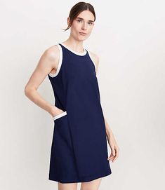 Ingeniously designed with a hidden shelf bra and polished tipping, this airy, breathable and seriously versatile shift dress is a total have-to-have. Crew neck. Sleeveless. Slash pockets.,Imported:Imported,Fit:Fit: Shift - fits straight and relaxed,Length:33" from center back neck to hem, measured from a size S,Fabrication:Shell 86% Polyester 14% Spandex, Lining 82% Polyester 18% Spandex,Garment Care:Machine Washable Lou & Grey Tipped Wanderweave Mini Pocket Dress Size 2XS Deep Space Blue Women' Sleeveless Dresses With Contrast Trim For Spring, Casual Sleeveless Dress With Contrast Trim, Casual Summer Dresses With Contrast Trim, Petite Pants, Grey Outfit, Midi Maxi Dress, Pocket Dress, Everyday Dresses, Petite Dresses