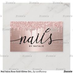 the name nail's by natalie on a white marble background with pink glitters