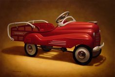 a painting of a red pedal car with white wheels and steering wheel on the side