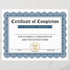 certificate of completion for successful completion of add your text here