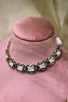 18kt gold plated 92.5 silver Neelkamal choker with Moissanite polki and blue enamelling detailing. - Aza Fashions Polki Choker, Buy Gold, Aza Fashion, Gold Foil, Ring Earrings, Silver Color, Choker, Choker Necklace, Gold Plate