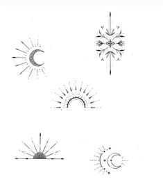 four different types of sun, moon and stars tattoo designs on white paper with black ink