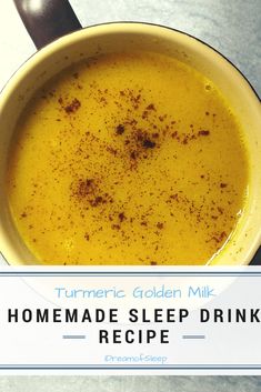 a cup of homemade sleep drink with cinnamon sprinkles on the side and text that reads turmetic golden milk