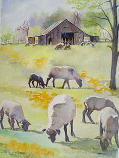 a painting of sheep grazing in a field with a barn in the backgroud