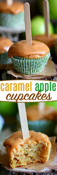 caramel apple cupcakes are stacked on top of each other