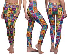 These stylish leggings feature a unique printed crochet granny square pattern that adds a fun and playful touch to any outfit. Made with soft, comfortable fabric, they're perfect for lounging, running errands, or simply adding a pop of personality to your wardrobe. The realistic print design creates a visually interesting look without the bulk of traditional crochet.   .: 95% Polyester brushed suede 5% Spandex .: Skinny fit .: Tagless .: White thread color .: Runs true to size *Please note that Colorful Granny Square, Crochet Granny Square Pattern, Playful Multicolor Cotton Leggings, Fitted Multicolor Fun Leggings, Spring Yoga Multicolor Leggings, Multicolor Graphic Print Stretch Leggings, Stylish Leggings, Granny Square Pattern, Multicolor Full-length Sports Leggings