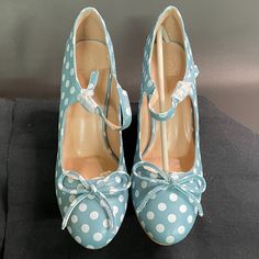 Oripalla Closed Toe High Heel Women's Pump Baby Blue White Polka Dots Sz 7.5 New Without Box Retro Blue Heels With Round Toe, Blue Retro Heels For Spring, Retro Blue Heels For Spring, Polka Dot Heels For Spring, Lime Green Heels, Bridesmaids Heels, Madden Girl Heels, Sam Edelman Heels, Ankle Strap Sandals Heels