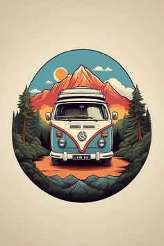 the vw bus is parked in front of mountains and pine trees, while the sun sets