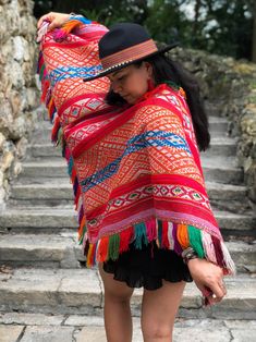 Color En la Calle: Authentic Vintage Peruvian Poncho, Traditional Ceremonial Poncho, 53x55 inches / Bohemian Textiles, Home Decor, Boho Fabric, South American Textiles / One of a Kind. If you look up to the hills of the Andean Mountains of Peru, you will find so much beauty, color, and tradition; a place that is so rich and vibrates with potency. Peru has blown my mind away with its culture, loving people and oh, the colorful textiles have my heart skipping a beat. This particular piece is one o Traditional Red One-size Poncho, Traditional Red Shawl Poncho, Traditional Red Poncho For Festivals, Red Shawl Poncho For Festival, Traditional Multicolor Woven Poncho, Traditional Red Shawl, Traditional Handwoven Poncho, Traditional One Size Woven Poncho, Traditional Woven Shawl Poncho