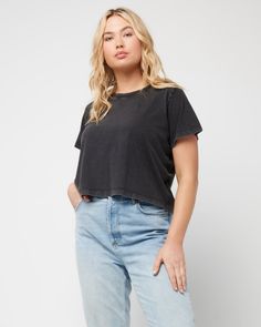 Classic but far from basic, the All Day Top is a boxy short sleeve acid wash tee shirt with rib neckband that is the ideal length for your favorite high waisted jeans. Rib Neckband Short Sleeve Tee Shirt Size XS-XL 100% cotton Like all delicates, shape, color and fit are best preserved if hand washed in cold water. Lay flat to dry. Style # BALLTP22 Model Measurements: Anna, size S - Height 5'9, Bust 32", Waist 23", Hips 34.5" Sydney, size S - Height 5'11, Bust 41", Waist 34", Hips 42" High Waisted Jeans, Casual Everyday, Acid Wash, High Waist Jeans, Everyday Look, Short Sleeves Tops, Tee Shirt, Short Sleeve Tee, Fitness Models