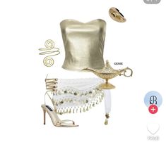 a woman's outfit and accessories are shown in this graphic style, including heels, a hat, gold top, and white skirt