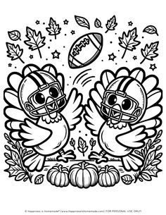 two turkeys playing football with leaves and pumpkins in black and white coloring pages