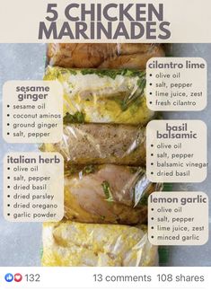 the five chicken marinades are labeled in three different languages and have been placed on top of each other