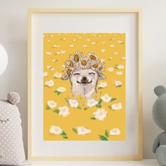 a dog with flowers in his head on a yellow background