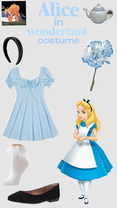 the alice in wonderland costume is shown with shoes, socks and other items to make it look