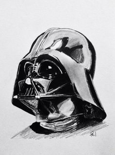 a pencil drawing of a darth vader helmet