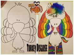 two pictures of turkeys, one with a rainbow colored tail and the other with a white face