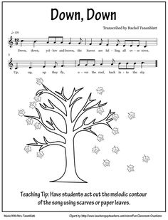 a music sheet with the words down, down on it and an image of a tree