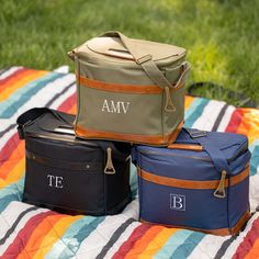 three cooler bags sitting on top of a blanket