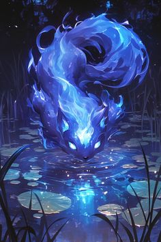 a blue dragon floating on top of a lake surrounded by grass and water lilies