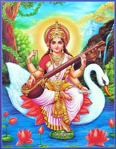 the hindu goddess sitting on top of a swan with a flute in her hand and holding a