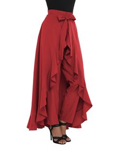 Red Chiffon Tie-waist Ruffle Palazzo Pants Solid Color Ruffle Party Bottoms, Ruffled Party Bottoms, Elegant Red Bottoms With Ruffles, Chic Chiffon Ruffled Skirt Bottoms, Elegant Red Ruffled Bottoms, Elegant Wide Leg Ruffled Skirt Bottoms, Chic Ruffled Solid Color Bottoms, Chic Solid Bottoms With Ruffles, Chic Red Ruffled Bottoms