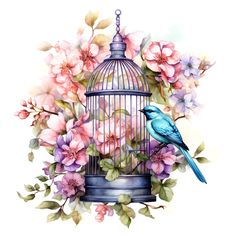 a blue bird sitting on top of a cage filled with flowers