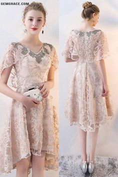 Lace Dresses Short, Modest Homecoming Dresses, Trendy Dress Styles, Delicate Gown, Dress With Cape, Dress High Low, Dress Pesta, Cheap Homecoming Dresses, Unique Prom Dresses