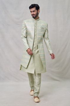 Pista green sherwani with geometric embroidery and attached inner kurta. Paired with a trouser. - Aza Fashions Designer Pista Green Kurta For Eid, Designer Green Sherwani For Eid, Wedding Dress Men, Geometric Embroidery, Green Art, Silk Embroidery, Green Man, Embroidered Silk, Full Sleeve