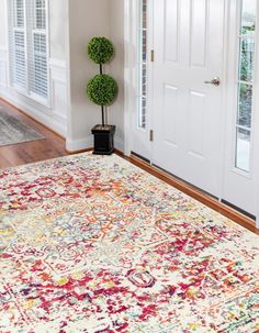 a large area rug in the middle of a room with white doors and wooden floors