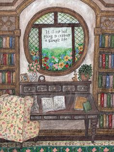 a drawing of a room with bookshelves, flowers and a window that says it's not hard to see things together in a simple life