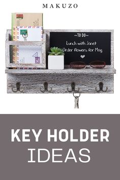 the key holder ideas book is open to reveal an assortment of items on display, including notepads and pencils