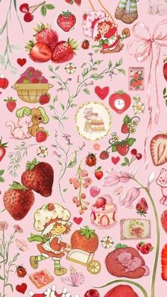 a pink background with many different types of fruit and vegetables on it, including strawberries