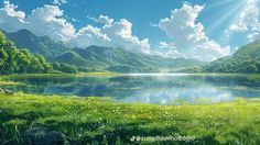 the sun shines brightly over a lake surrounded by green grass and mountains in the background