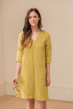 "DETAILS: - 100% linen dress - 3/4 sleeves, - v-neck - pockets - side slits LENGTH from highest shoulder point is 37\" / 94cm (based on size medium). FIT is relaxed but not oversized. Available ready to ship in select sizes and colors - https://www.etsy.com/listing/747512028/ready-to-ship-linen-v-neck-linen-shift FABRIC: - The mid weight linen is 5.3oz / 150g. It is very soft and has a a nice linen texture with the little imperfections that make linen so lovely. - All of our linen is OEKO-TEX St Linen Dress Pattern, Easter Dresses For Toddlers, Linen Design, Shift Dress Pattern, Dresses By Pattern, Linen Shift Dress, Yellow Style, Linen Shirt Dress, Vintage Material