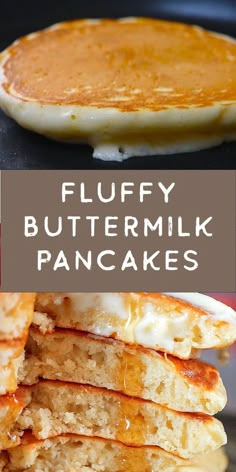 fluffy buttermilk pancakes stacked on top of each other in front of a pancake