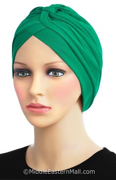 New and Improved* Super soft stretchy 95% Cotton/5% Spandex Fabric Opaque (not see through) Custom made Khatib brand sold exclusively at MiddleEasternMall.com Super easy and comfortable to wear! The Khatib Cotton Classic Turban head wrap is roomy due to the 1/2" pleats. The body of the Turban expands 2+ inches because of the pleats. The 95% cotton/5% spandex fabric is a high-quality medium weight material. Just like the beanie hijab caps, the classic turban head wrap is closed in the back. Easy Casual Adjustable Solid Color Turban, Green Turban For Summer (one Size Fits Most), Casual Green One Size Headscarf, Casual Green Headscarf, Chemo Beanies, Hijab Caps, Chemo Caps, Turban Headwrap, Turban Hat