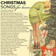 an advertisement for christmas songs for lovers with santa and mrs claus on the ladder next to a tree