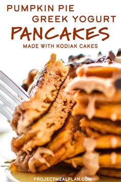 pumpkin pie greek yogurt pancakes are made with kodak cakes and topped with chocolate frosting