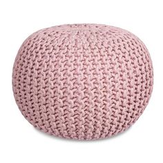 a pink knitted poufce on a white background