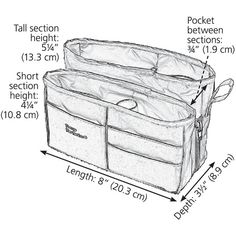 an image of a large bag with measurements for the bottom section and side pockets on it