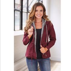 This One Of A Kind Jacket Can Be Worn With Just About Anything, And Is The Perfect Combination Of A Structured Jacket And Comfortable Hoodie! Wine-Colored Jacket With Marled Heather Grey Knit Sleeves And Hood. Front Hidden Zipper And Snap Closure. Two Front Flap Pockets And Adjustable Waistband For A More Tailored Fit With Adorable Tie On Back. 100% Cotton. Line Dry. Material Does Not Stretch. Hooded Burgundy Outerwear For Fall, Casual Burgundy Winter Outerwear, Casual Burgundy Outerwear With Pockets, Burgundy Outerwear For Fall, Safari Dress, Embroidered Jean Jacket, North Face Vest, Hooded Trench Coat, Structured Jacket