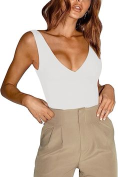 REORIA Women’s Sexy Plunge Deep V Neck Sleeveless V Backless Going Out Tank Bodysuits Tops Basics For Summer, Trendy Tank Tops, Affordable Outfits, Clothing Finds, Bodysuit Tops, Suspenders For Women, Slay All Day, Casual Rompers, Streetwear Tops