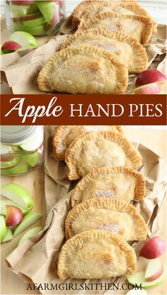 several pies with apples in the background and text overlay that reads southern apple hand pies