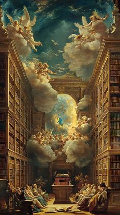 an image of a library with bookshelves and angels in the sky above it