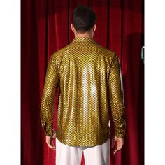 Wearing men's long sleeves metallic printed shirts adds a touch of visual interest to your outfit, making it stand out in a crowd. The shiny metallic shirts are perfect for dance party, role play, theme party, cosplay, music festivals, cocktail, and so on. Great gift for your friend, boyfriend, and your father. Gold Long Sleeve Party Shirt, Gold Shirt For Fall Party, Long Sleeve Shirt For Night Out Party Season, Disco Long Sleeve Top For Club, Gold Long Sleeve Shirt For Fall, Long Sleeve Party Shirt For Party Season, Long Sleeve Party Shirt, Halloween Party Long Sleeve Tops, Disco Style Long Sleeve Tops For Fall