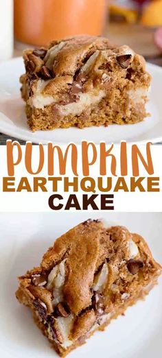 there are two pieces of pumpkin earth cake on the plate and one slice is missing